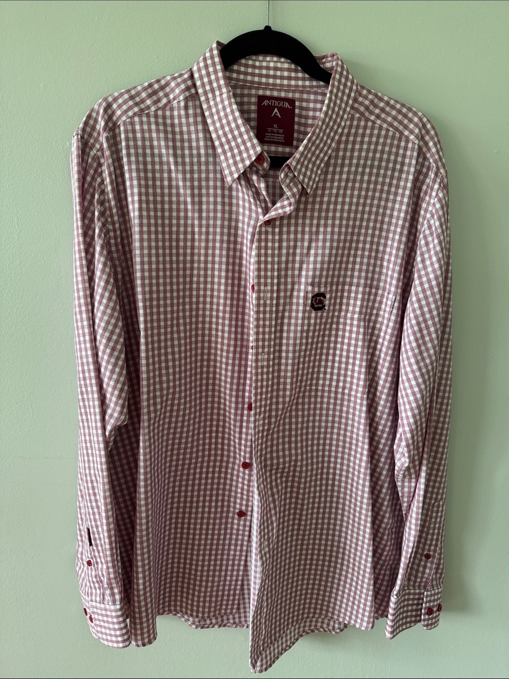 Carolina Gamecocks Antigua Men's Red and White Gingham Button-Up Shirt